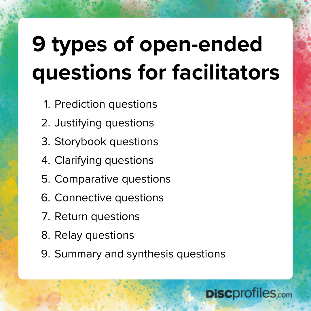 9 types of open-ended questions for facilitators: prediction, justifying, storybook, clarifying, comparative, connective, return, relay, summary